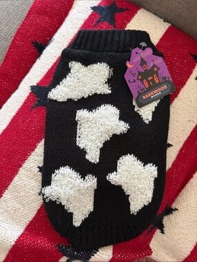 Barkwood Black Sweater with White Fuzzy Halloween Ghost Dog Sweater – XS 👻